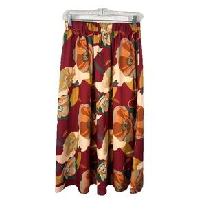 Bohemian Satin Floral Skirt M Burgundy Earth Tones Cottagecore Artsy Retro